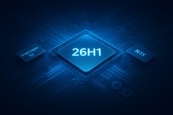 A glowing blue microprocessor labeled 26H1 sits on a circuit board, flanked by Snapdragon X2 and N1X chips.