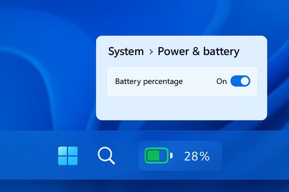 Mac-style System > Power & battery panel with Battery percentage set to On.