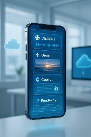 A smartphone screen displays a blue UI with AI apps: ChatGPT, Gemini, Copilot, and Perplexity.