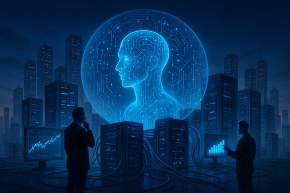 Two analysts monitor data as a giant blue holographic brain with circuit patterns looms over servers.