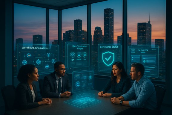 Four professionals review holographic dashboards in a glass-walled office overlooking a city at dusk.