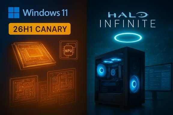 Split view: Windows 11 26H1 Canary left, Halo Infinite PC with neon halo right.