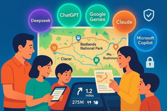 A family uses a digital map and AI assistants to plan a trip to Badlands National Park. A family uses a digital map and AI assistants to plan a trip to Badlands National Park.
