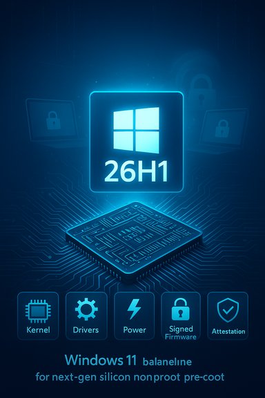 Neon blue Windows 11 26H1 processor illustration with kernel, drivers, power, firmware, and attestation icons.