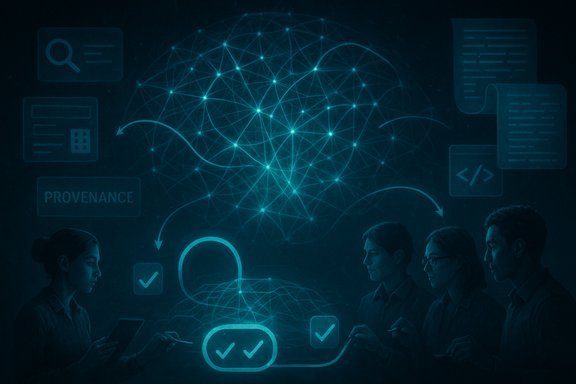 A team collaborates around a glowing neural network, linking data, documents, and tasks.