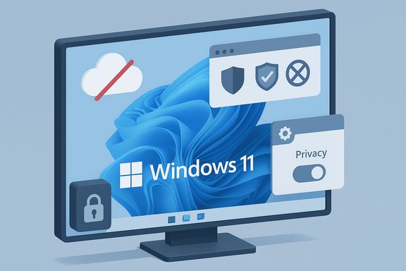 Windows 11 desktop featuring a privacy toggle and security icons.