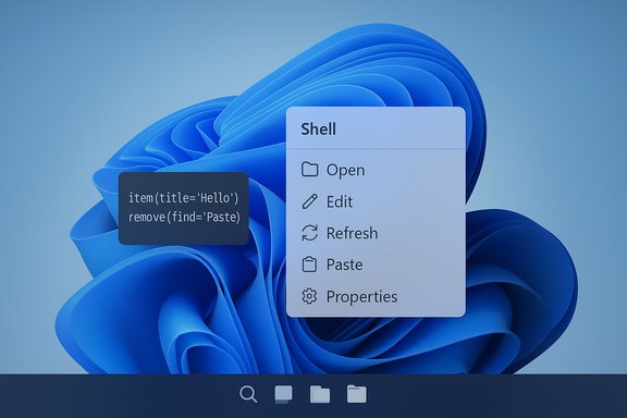 A floating code snippet beside a shell context menu on a blue abstract wallpaper.