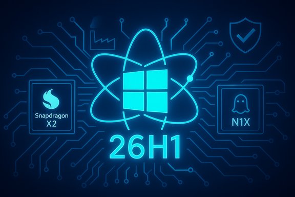 Blue neon circuitry surrounds a Windows logo atom, flanked by Snapdragon X2 and N1X chips.