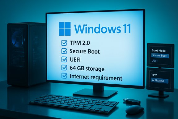 Windows 11 readiness checklist displayed on a desktop monitor with TPM 2.0, Secure Boot, and UEFI.