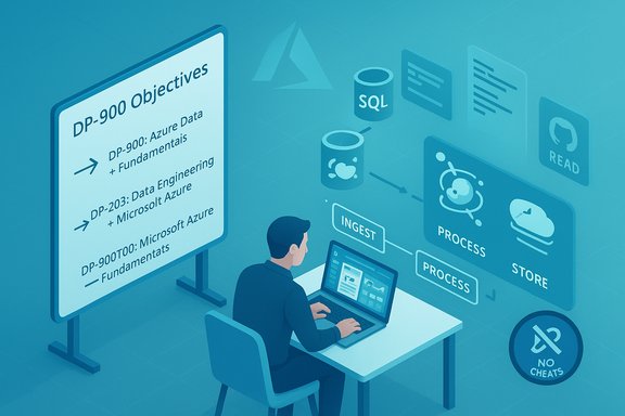 A person at a desk with a laptop studying DP-900 Objectives and data-pipeline visuals.