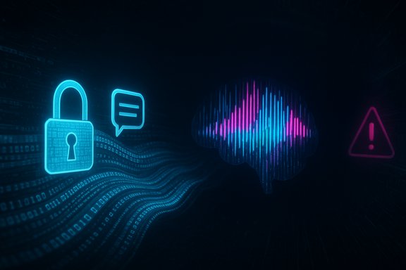 Neon cyber-security scene with a padlock, chat bubble, cloud data waves, and a warning icon.