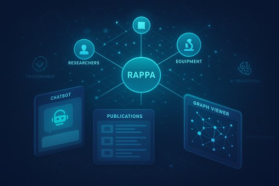 Blue tech-network diagram with RAPPA at the center, linking researchers, equipment, and publications.
