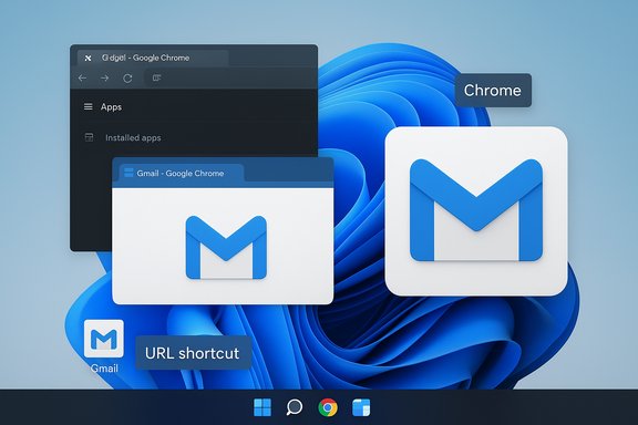 Desktop view showing Gmail and Chrome icons with overlapping app windows on a blue abstract wallpaper.