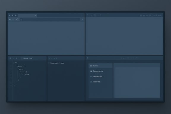 Dark blue multi-panel desktop showing a JSON config, code editor, and a file explorer.