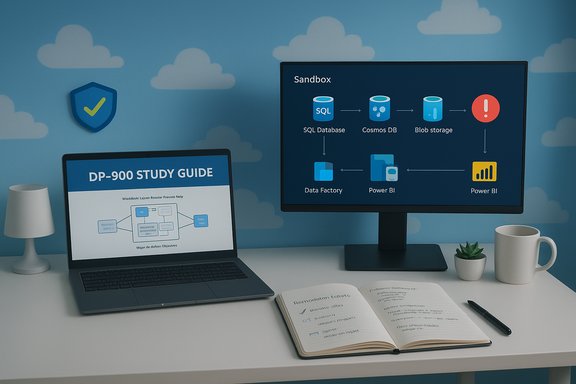 Desk setup with DP-900 Study Guide on the laptop and a monitor showing a data pipeline diagram.