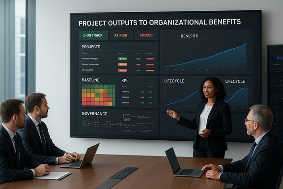 A businesswoman presents project metrics on a large dashboard to colleagues in a boardroom.