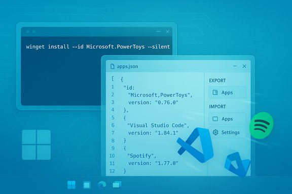 Blue illustration of a Windows terminal showing a PowerToys install command and an apps.json file.