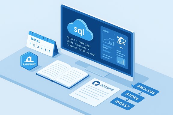 Isometric desk scene with SQL cloud, code, sandbox badge, and a data processing workflow.