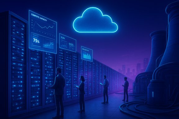 Futuristic data center with neon cloud icon, blue server racks, and analysts monitoring dashboards.