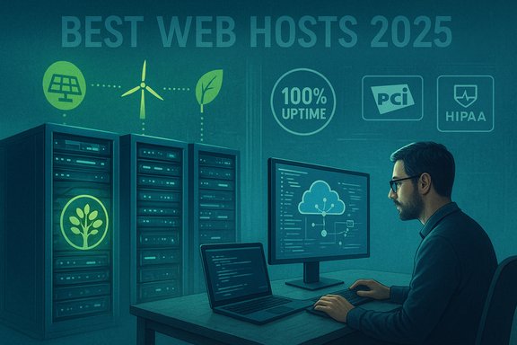A man sits at a desk with a laptop and monitor in a server room, showcasing Best Web Hosts 2025.
