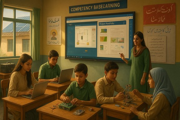 A teacher guides students in a tech-enabled classroom with laptops and hands-on projects.