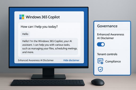 Windows 365 Copilot UI displayed on a monitor, with a Governance panel showing Enhanced Awareness AI Disclaimer.