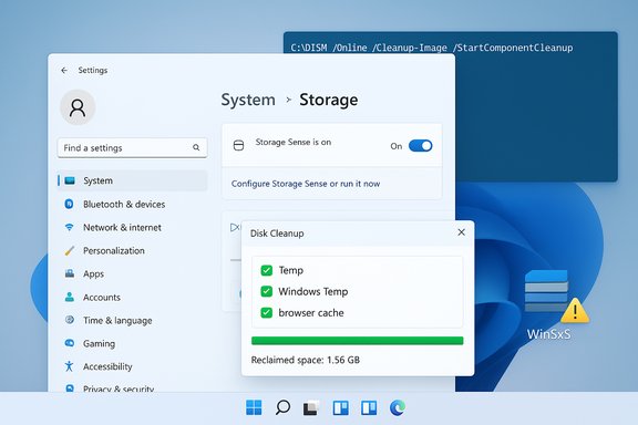 Windows 11 desktop showing Settings > System > Storage and a Disk Cleanup dialog.