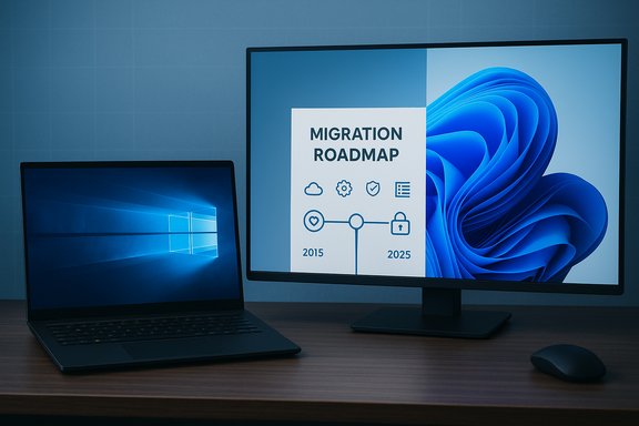 Blue-toned desk setup with a laptop and a large monitor displaying a migration roadmap.