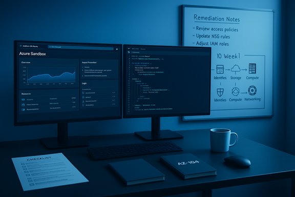 Dual-monitor workstation showing code on one screen and a dashboard on the other, with remediation notes on the wall.