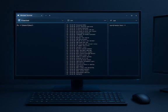 A blue-toned desktop with three terminal panes (PowerShell, logs, SSH) on a monitor with keyboard and mouse.