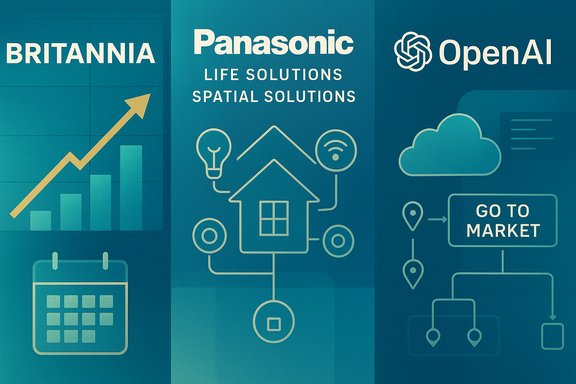 Teal wall of tech banners with growth charts, home-automation icons, cloud visuals, and go-to-market messaging.