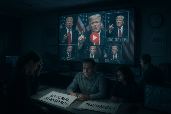 Newsroom panel debates transparency and editorial standards as political figure footage plays on screen.