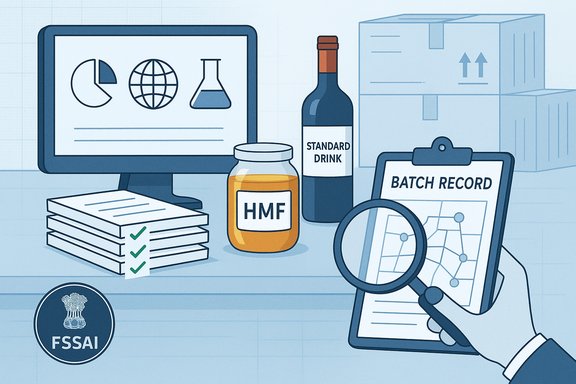 A food-safety lab desk with batch records, data charts, and labeled bottles.