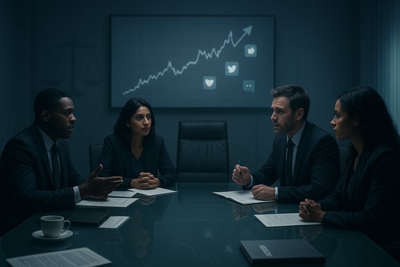 Four professionals sit around a conference table as a rising chart with social icons is projected on the screen.