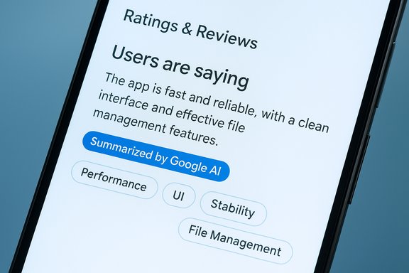 Phone screen shows app ratings and an AI-generated summary with feature tags.