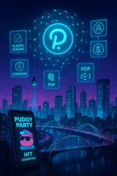 Neon futuristic city with a central P logo and floating blockchain icons, plus a Pudgy Party NFT phone.