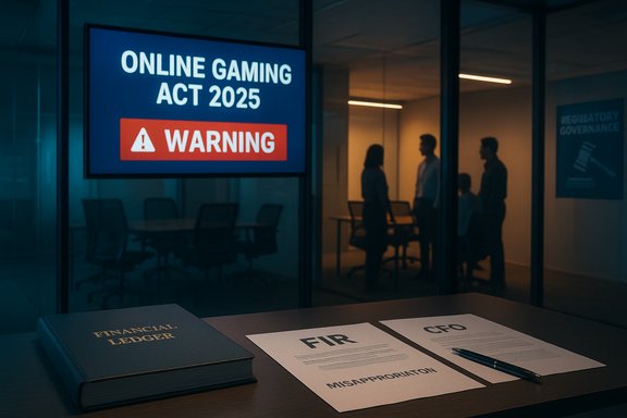 Office scene with a large “Online Gaming Act 2025” warning sign and a desk with FIR and misappropriation documents.