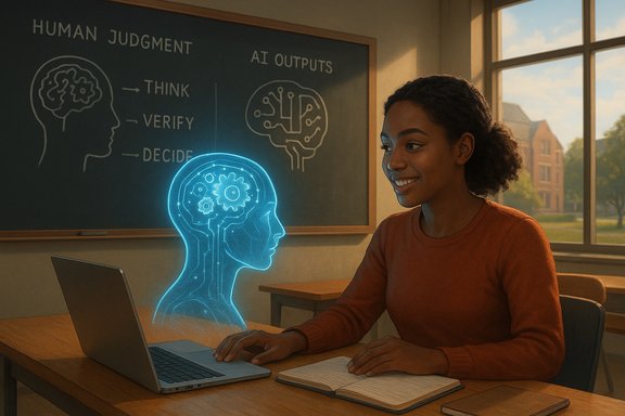 Student learns with a glowing holographic brain projected from a laptop in a classroom.