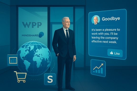 A suited man stands in a blue office beside a large 'Goodbye' farewell message.