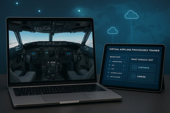Laptop screen shows a cockpit, while a tablet runs a virtual airplane procedures trainer app.