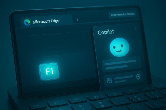 Blue-tinted Microsoft Edge screen showing a Copilot card beside a glowing F1 key.