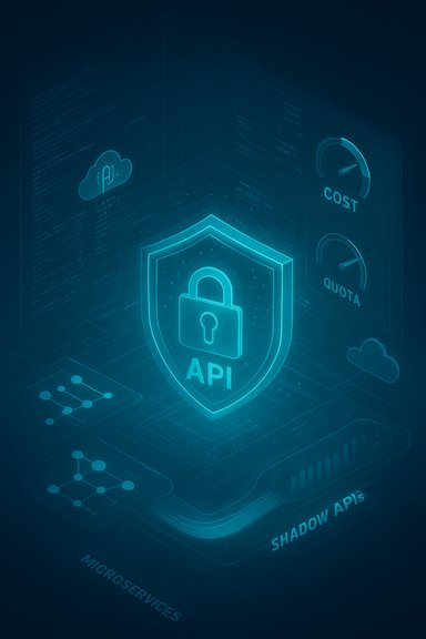 Glowing API security shield amid cloud, quota, and microservices visuals.