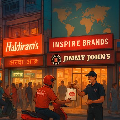 Delivery rider in orange hands a bag to a customer outside Jimmy John's, beneath bright brand signs.