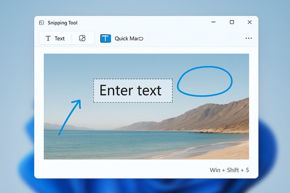 A beach scene shown in a Snipping Tool window with blue annotations and a dashed text box.