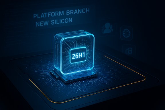 Glowing blue microchip labeled '26H1' sits atop a neon circuit-board display.