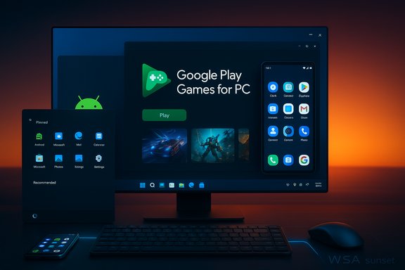 Google Play Games for PC on a desktop monitor, with a mobile UI panel and a nearby smartphone.