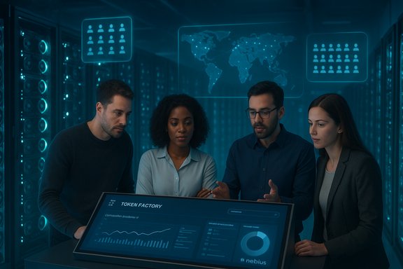 Diverse team analyzes a global dashboard on a large touchscreen in a data center.