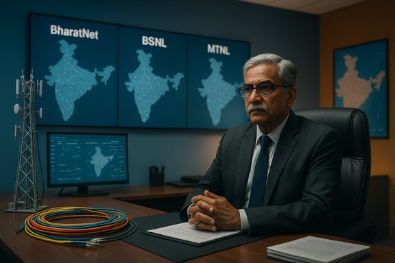 A suited telecom executive sits at a desk with BharatNet, BSNL and MTNL maps on the wall.