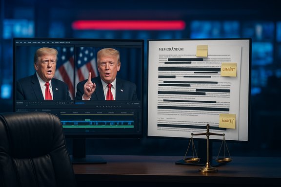 Video-editing desk shows a man in a suit on dual monitors and a memo-filled page with sticky notes.