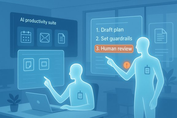 AI productivity suite shows draft plan, guardrails, and human review in a collaborative setting.